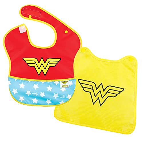 Bumkins DC Comics Wonder Woman SuperBib, Baby Bib, With Cape, Waterproof, Washable, Stain and Odor Resistant, 6-24 Months