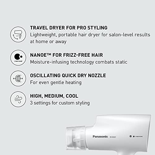 Panasonic EHNA2C Hydrating Nanoe Salon Travel Hair Dryer with Oscillating Quick Dry Nozzle, White