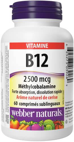 Webber Naturals Vitamin B12 2500 mcg, Quick Dissolve, 60 Tablets, Natural Cherry Flavour, Supports Energy Production and Metabolism, Vegetarian