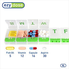 EZY DOSE Weekly (7-day) Push Button Pill Organizer and Planner, Arthritis Friendly, X-Large, Clear Lids, Green