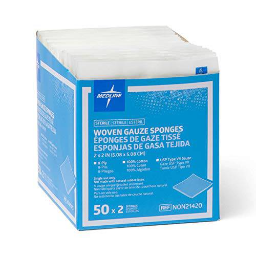 Medline NON21420H Gauze, Sponge, 2" x 2", 8Ply, Sterile, Lf, 2S (Pack of 100)