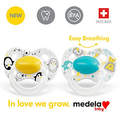 Medela Baby Pacifier | 0-6 Months | BPA-Free, Lightweight & Orthodontic, Baby Pacifiers | 2-Pack | Turquoise Blue and Yellow with Baby Animals