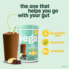 Vega Hello Wellness You've Got Guts Protein Powder, Choco Cinnamon Banana (14 Servings) Plant Based Vegan Protein Powder, 5g Prebiotic Fiber, 0g Added Sugar, 405g (Packaging May Vary)