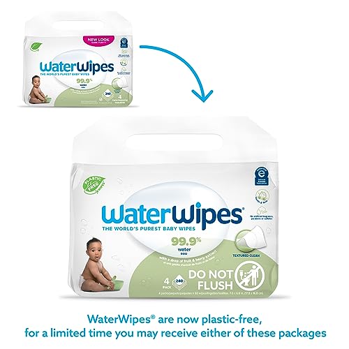 WaterWipes Plastic-Free Textured Clean, Toddler & Baby Wipes, 99.9% Water Based Wipes, Unscented & Hypoallergenic for Sensitive Skin, 240 Count (4 packs), Packaging May Vary