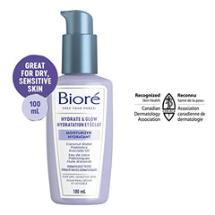 Bioré Hydrate & Glow Moisturizer, Face Cream for Dry, Sensitive Skin, infused with Prebiotics, Avocado Oil and Coconut Water |Dermatologist Tested, Cruelty Free and Fragrance Free (100mL)