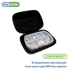 EZY DOSE Hard Sided Pill Case, Features Zippered Pouch, Easy to Use Design, Perfect for Travel and Daily Usage, 8-Comparments, BPA Free, Tortoise