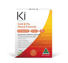 Ki Cold & Flu Attack Formula, 30 Count, Andrographis, Ginger and Zinc, Congestion, Sore Throat, Headache, Vegan Flu Relief