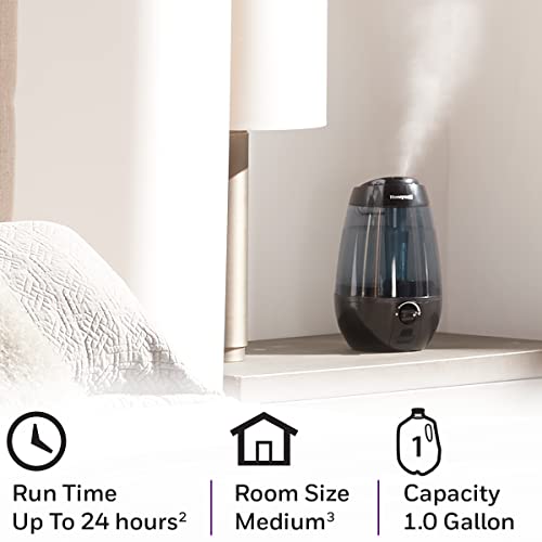 Honeywell HUL535BC Ultrasonic Cool Mist Humidifier, with Variable Output Control, Auto Shut-off, Ultra Quiet Operation, Directional Mist Outlet, Cool Visible Mist, Black, 1-Gallon