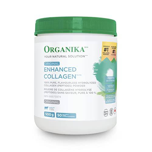 Organika Enhanced Collagen Peptides Protein Powder For Healthy Hair, Skin, Nails, Joints - Hydrolyzed For Better Absorption – Grass-Fed, Non-GMO - Unflavoured 500g