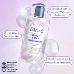 Bioré Hydrate & Glow Gentle Cleanser, Hydrating Face Wash for Dry, Sensitive Skin, infused with Prebiotics and Coconut Water | Dermatologist Tested, Cruelty Free, Fragrance Free and SLS/SLES Sulfate Free (200mL)