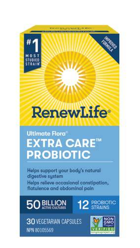 Renew Life® Probiotics Ultimate Flora® Extra Care ™ Probiotic, Helps relieve occasional constipation and flatulence, 50 Billion Active Cultures, 30 Vegetarian capsules