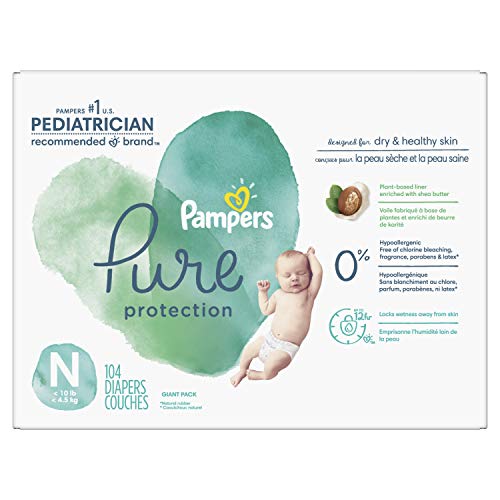 Diapers Size 0/Newborn, 104 Count - Pampers Pure Protection Disposable Baby Diapers, Hypoallergenic and Unscented Protection, Super Pack (Packaging & Prints May Vary)