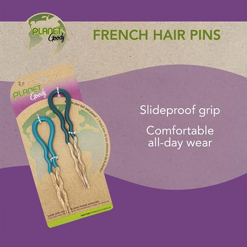 GOODY Planet French Hair Pins - Green & Blue - Made from Eco-Friendly Bamboo Fabric that is Soft and Strong - for All Hair Types - Pain-Free Hair Accessories for Women and Girls, 2 Count (Pack of 1)