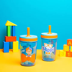 Zak Designs Blippi Kelso Toddler Cups for Travel or at Home, 15oz 2-Pack Durable Plastic Sippy Cups with Leak-Proof Design is Perfect for Kids (Blippi)