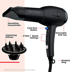 Revlon RV544FBLK Advanced Ionic Technology™ Hair Dryer with Diffuser, Powerful, Ionic Hair Dryer with Concentrator, Quick Dry, Lightweight, 2 Heat/ Speed Settings, Less Frizz, Shiny and Smooth Hair, Black