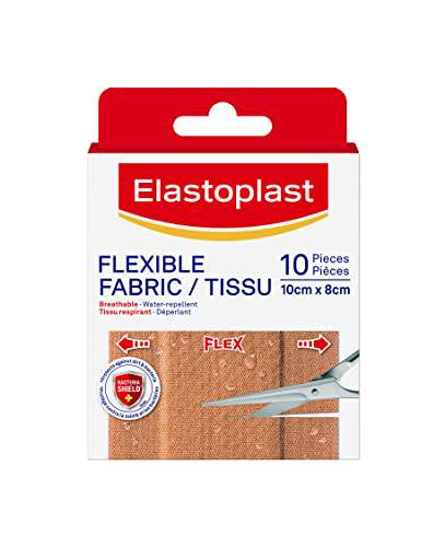 Elastoplast Flexible Fabric Adhesive Bandages, 10 Strips, 10 cm x 8cm Width, beige | Wound Dressing for First Aid Kit | Extra Flexible | Adapts to all your movements | Strong Adhesion | Breathable Material | Water-repellent | Bacteria Shield | Latex Free