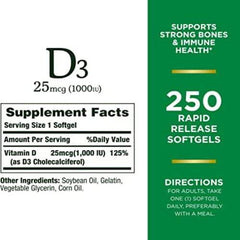 Nature's Bounty Vitamin D3 1000IU Supplement Helps Maintain Immune Function, Bones, and Teeth, 250 Softgels