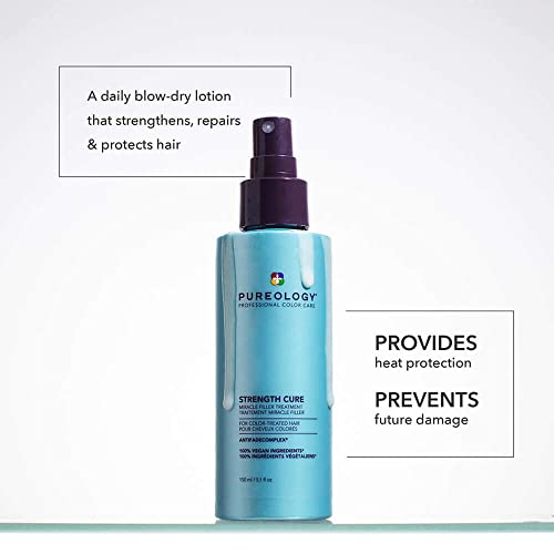 Pureology Hair Treatment, Strength Cure Miracle Filler, Daily Blow-Dry Lotion, Heat Protectant, Restorative Hair Treatment for Color Treated Hair, For Damaged Hair, Sulfate Free, Paraben-Free, Vegan, 150 ML