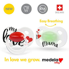 Medela Baby Pacifier | Day and Night Glow in the Dark | 6-18 Months | 2-Pack, Lightweight | BPA-Free | Supports Natural Suckling | My Love and I Love Mama