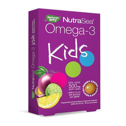 Nature’s Way NutraSea Omega-3 Kids Gummy Chews - Delicious Tropical Citrus Flavor, Sucrose-Free Chewable Gummies, 500 mg EPA + DHA and 500 IU Vitamin D3 - Suitable for Kids Age 3+, 30 Gummies