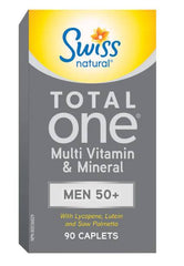 Swiss Natural Total One Multi Vitamin & Mineral | Men 50+ with Lycopene, Lutein and Saw Palmetto | Daily Maintenance for Overall Health | No Preservatives or Dairy | 90 Caplets