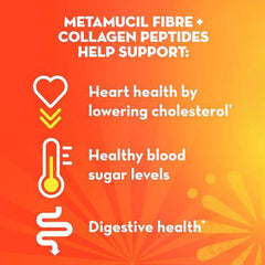 Metamucil Fibre+ Collagen Peptides, Psyllium Husk Powder, Plant Based Fibre, Sugar-Free with Stevia, Orange Flavoured, 60 Servings (1 Bottle - 564G Fibre Powder)