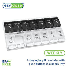 EZY DOSE Weekly (7-Day) AM/PM Pill Organizer, Vitamin and Medicine Box, Large Push Button Compartments, 2 Times a Day, Black and White Lids 1 count (Pack of 1)