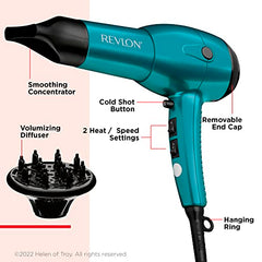 Revlon RV544FBLF Advanced Ionic Technology™ Hair Dryer with Diffuser, Powerful, Hair Dryer with Concentrator, Quick Dry, Lightweight, 2 Heat/ Speed Settings, Less Frizz, Shiny and Smooth Hair, Blue