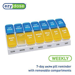 EZY DOSE Weekly (7-Day) AM/PM Pill Organizer, Vitamin and Medicine Box, Large Pop-out Compartments, 2 Times a Day, Blue and Yellow Lids