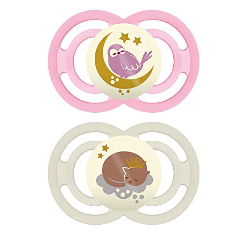 MAM Perfect Night Pacifiers, Glow in the Dark Pacifiers (2 Pack, 1 Sterilizing Pacifier Case), Pacifiers 16 Plus Months, Best Pacifier for Breastfed Babies, Baby Girl Pacifier