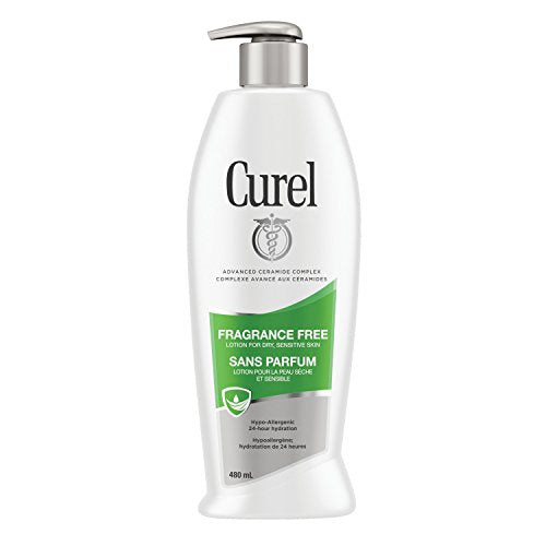 Curel Fragrance Free Comforting Moisturizer, 480 mL Body Lotion, for Dry, Sensitive Skin, with Advanced Ceramide Complex, helps to Repair Moisture Barrier