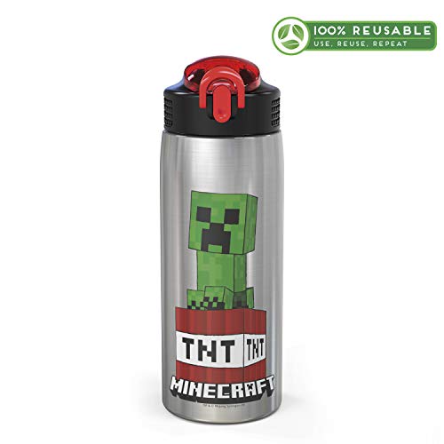 Zak Designs - MICI-V151 Zak Designs 27oz Minecraft 18/8 Stainless Steel Water Bottle with Flip-up Straw Spout and Locking Spout Cover, Durable Cup for Sports or Travel (27oz, Minecraft Creeper)