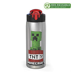 Zak Designs - MICI-V151 Zak Designs 27oz Minecraft 18/8 Stainless Steel Water Bottle with Flip-up Straw Spout and Locking Spout Cover, Durable Cup for Sports or Travel (27oz, Minecraft Creeper)