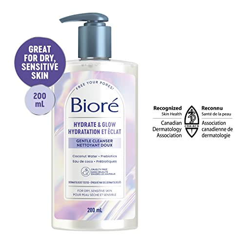 Bioré Hydrate & Glow Gentle Cleanser, Hydrating Face Wash for Dry, Sensitive Skin, infused with Prebiotics and Coconut Water | Dermatologist Tested, Cruelty Free, Fragrance Free and SLS/SLES Sulfate Free (200mL)