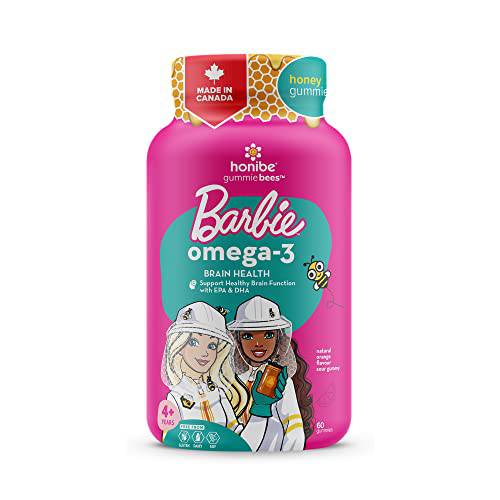 Honibe Omega 3 Gummies for Kids | Barbie | Made in Canada | Supports Brain Health | Trusted Source of Omega-3 EPA & DHA Vitamins | Sustainably Sourced Fish Oil | No Fishy Taste | Omega 3 Fatty Acids | 60 Gummies