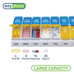 EZY DOSE Weekly (7-Day) AM/PM Pill Organizer, Vitamin and Medicine Box, Large Pop-out Compartments, 2 Times a Day, Blue and Yellow Lids