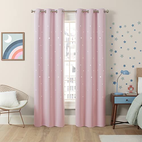 Eclipse Dreamer Star Laser Cut Room Darkening Grommet Window Curtains for Kids Bedroom or Nursery (2 Panels), 34 in x 84 in, Blush