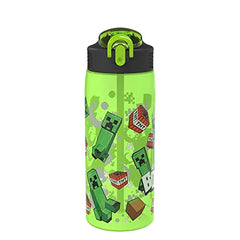 Zak Designs Minecraft Water Bottle For School or Travel, 25 oz Durable Plastic Water Bottle With Straw, Handle, and Leak-Proof, Pop-Up Spout Cover (Creeper)