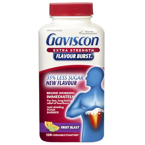 Gaviscon Extra Strength Flavour Burst Tablets - 120 Count - Chewable Foaming Antacid Tablets for Day and Night Heartburn Relief, Acid Reflux and GERD Relief, Fruit Blast - Free of Aluminum, Lactose and Gluten