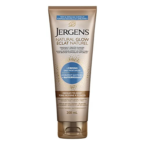 Jergens Natural Glow +Firming Daily Moisturizer & Gradual Sunless Self Tanning Body Lotion for Dry Skin, Medium to Deep Shade (200 mL)