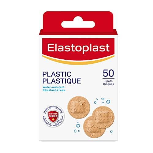 Elastoplast Plastic Water-Resistant Bandages | 50 spots, beige | All purpose | Discreet size | Protect small wounds | Strong Adhesion | Water-resistant | Repel Water and Dirt | Bacteria Shield | Latex Free