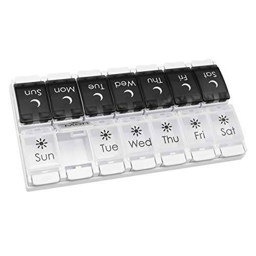 EZY DOSE Weekly (7-Day) AM/PM Pill Organizer, Vitamin and Medicine Box, Large Push Button Compartments, 2 Times a Day, Black and White Lids 1 count (Pack of 1)