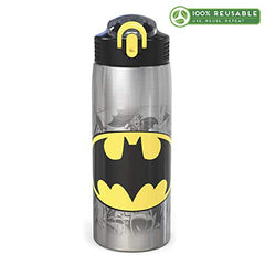 Zak Designs 27oz DC Comics 18/8 Single Wall Stainless Steel Water Bottle with Flip-up Straw Spout and Locking Spout Cover, Durable Cup for Sports or Travel (27oz, Batman)