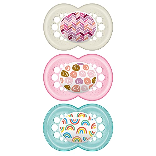 MAM Trends Design Collection Pacifier for Babies 6+ months (3 Pacifiers), MAM Soother with Soft Silicone Nipple, Girl Baby Essentials, Designs May Vary