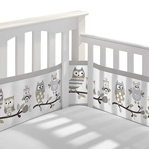 BreathableBaby, Breathable Mesh Liner for Cribs with 52"x28" (132x71cm) Mattress, Owl Fun Gray, Classic 3mm Mesh, Covers 3 or 4 Sides, Safety Tested & Trusted (Not for Mini Cribs)