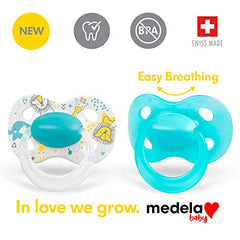 Medela Baby Pacifier | 18+ Months | BPA-Free | Lightweight & Orthodontic | 2-Pack | Turquoise Blue and White with Baby Animals