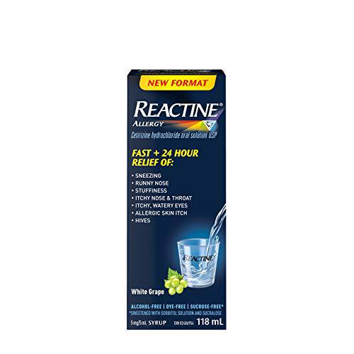 Reactine Liquid Allergy Medicine - For Itchy Eyes, Hives, Runny Nose - 24 Hour Allergy Relief - White Grape Flavour, 118 mL