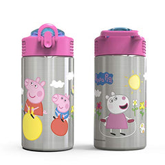 Zak Designs Peppa Pig 15.5oz Stainless Steel Kids Water Bottle with Flip-up Straw Spout - BPA Free Durable Design, Peppa Pig SS, Single Wall