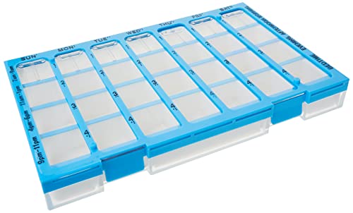 EZY DOSE Weekly (7-Day) Pill Organizer, Vitamin and Medicine Box, Large Compartments with Easy Fill Tray, 4 Times a Day, Clear Lids