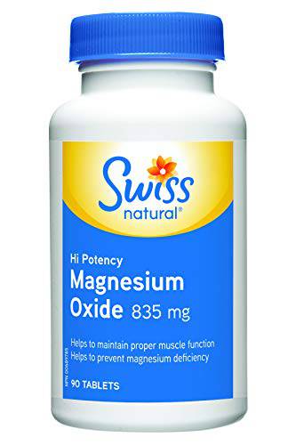 Swiss Natural – Magnesium Oxide, 835mg | High Potency & Absorption – Normal Heart Function, Nervous system, Bone Formation & Muscle Health | Non-GMO, Gluten Free | No Added Preservatives | 90 Tablets